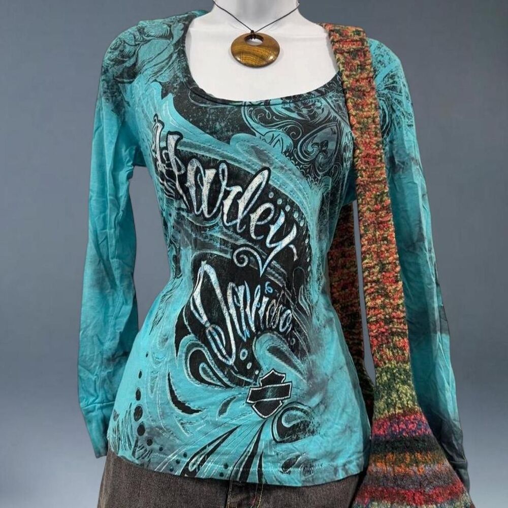 Harley-Davidson Blue Tie Dye Tattoo Graphic Long Sleeve Top Tribal Y2K Small